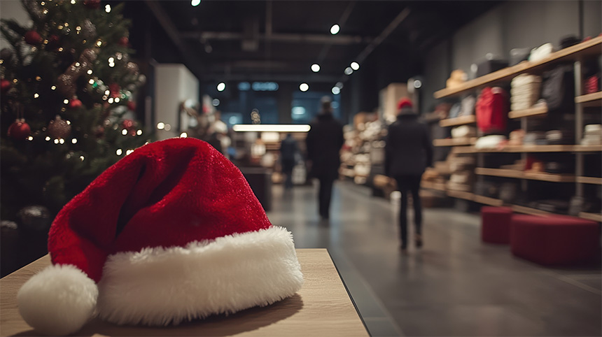A Santa hat lays on top of a wooden table with a store in the background.