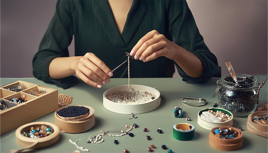 A woman strings together a bracelet over a green table scattered with containers of colorful beads.
