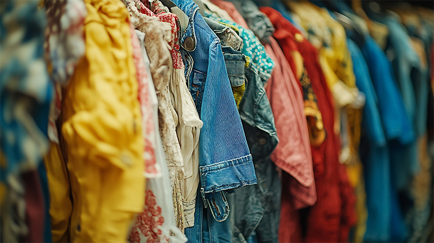 Second-hand clothing hanging in racks in a thrift store.