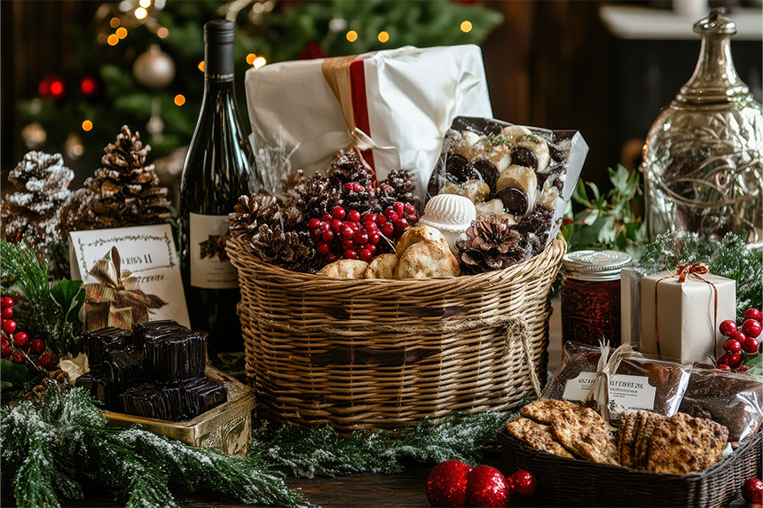 A gift basket surrounded by holiday decorations and Christmas treats.