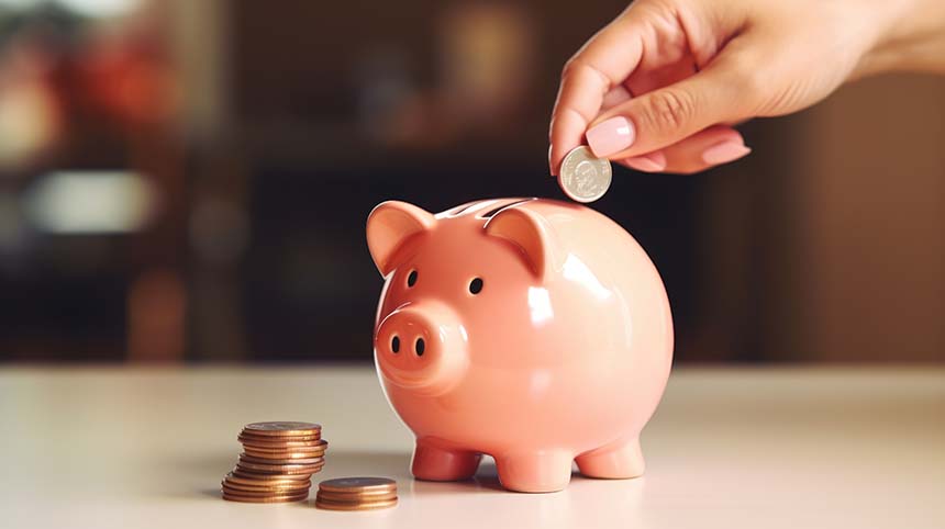 A hand placing a coin into a pink piggy bank with stacked coins beside it.