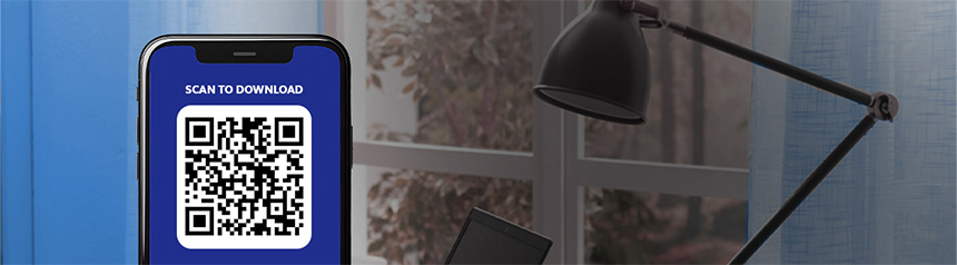 A smartphone displaying a QR code with text "Scan to Download" against a window backdrop.
