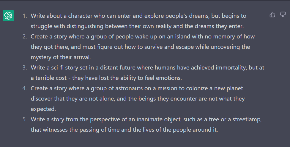 ChatGPT’s response to the prompt, "Give me five creative writing topic ideas.”