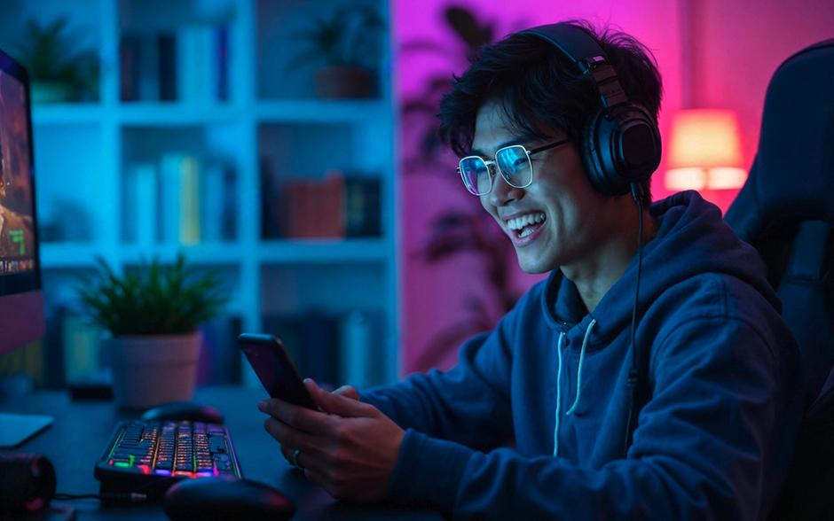 A person in headphones smiles at a smartphone in a dim room with vibrant lighting.