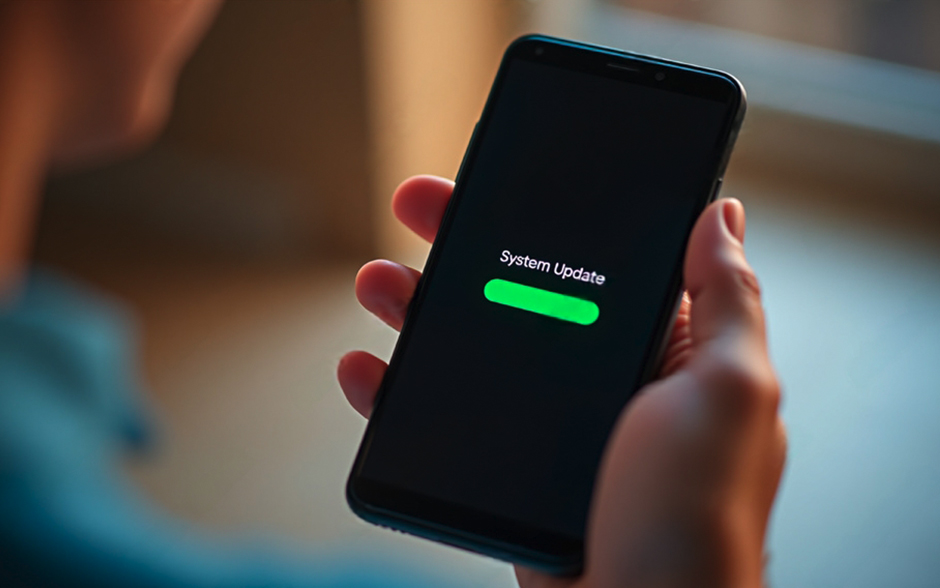 A person holds a smartphone displaying a progress bar indicating an ongoing system update.