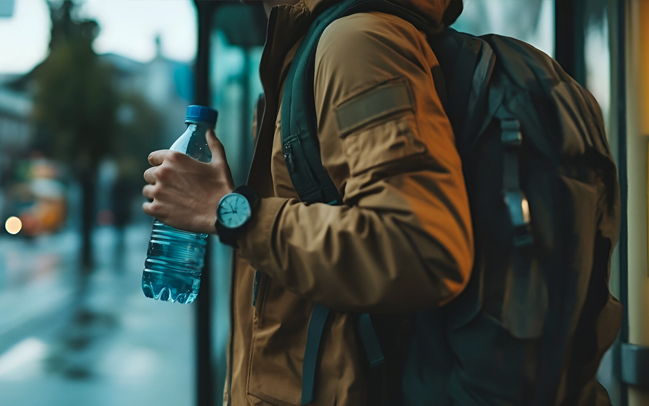 A traveler stands by a train station, holding a water bottle, waiting for the next train to continue his journey.