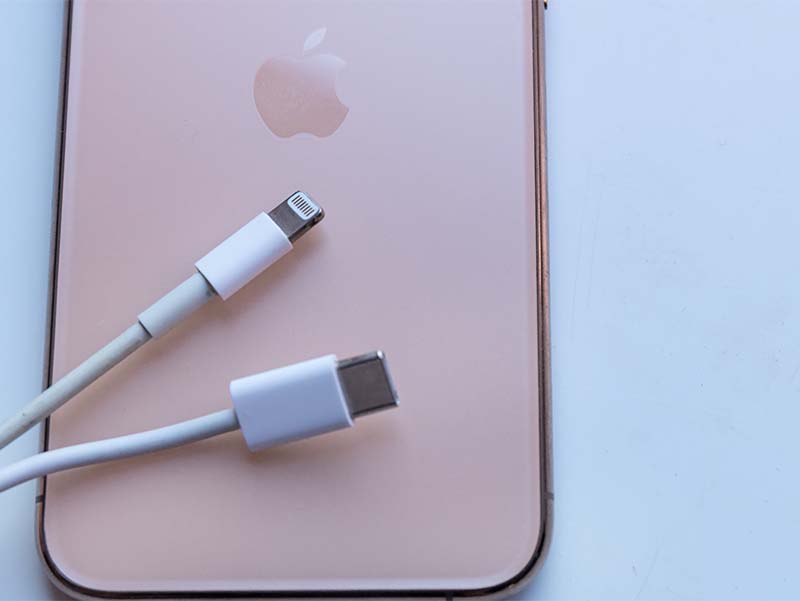 Lightning and type-C cables lying on the back of a pink iPhone.