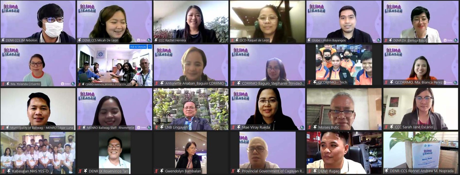 Screen shot of the 10 winners and representatives from the DENR Climate Change Service, Climate Change Commission, Office of Civil Defense and Globe.