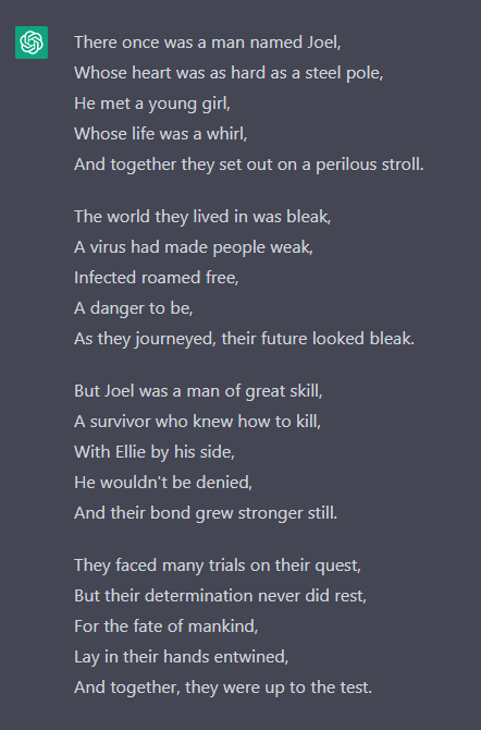 ChatGPT’s response to the prompt, "Describe the plot of The Last of Us in a limerick."