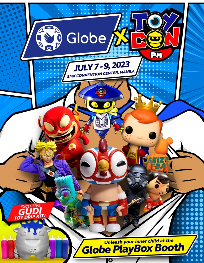 Promotional poster for Globe x TOYCON PH 2023, featuring various toy figures in a comic book art style.