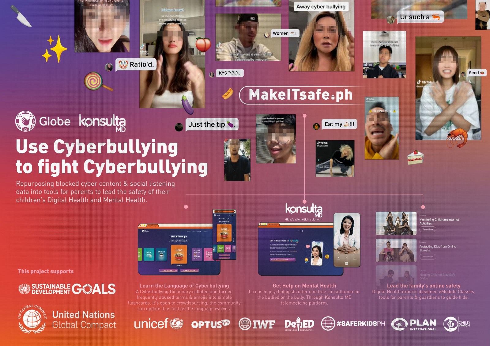 An infographic for Globeâs #MakeITSafePH campaign featuring a cyberbullying glossary and mental health resources.