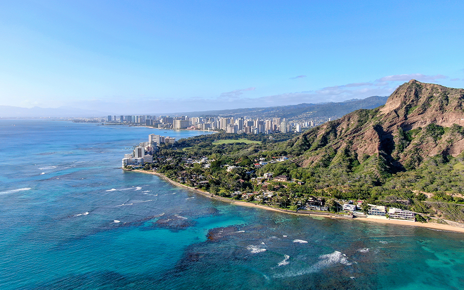 Aerial view of the Diamond Head and downtown Honolulu.