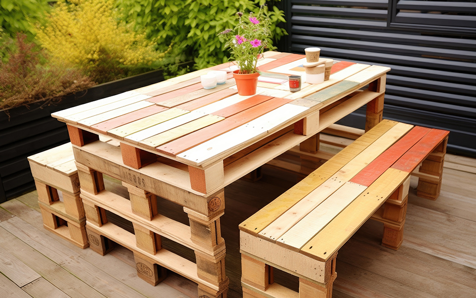 A rustic outdoor table using recycled wood pallets.