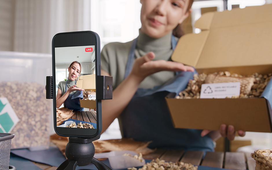 Woman filming a video of herself on her phone as she displays items she is about to unbox.
