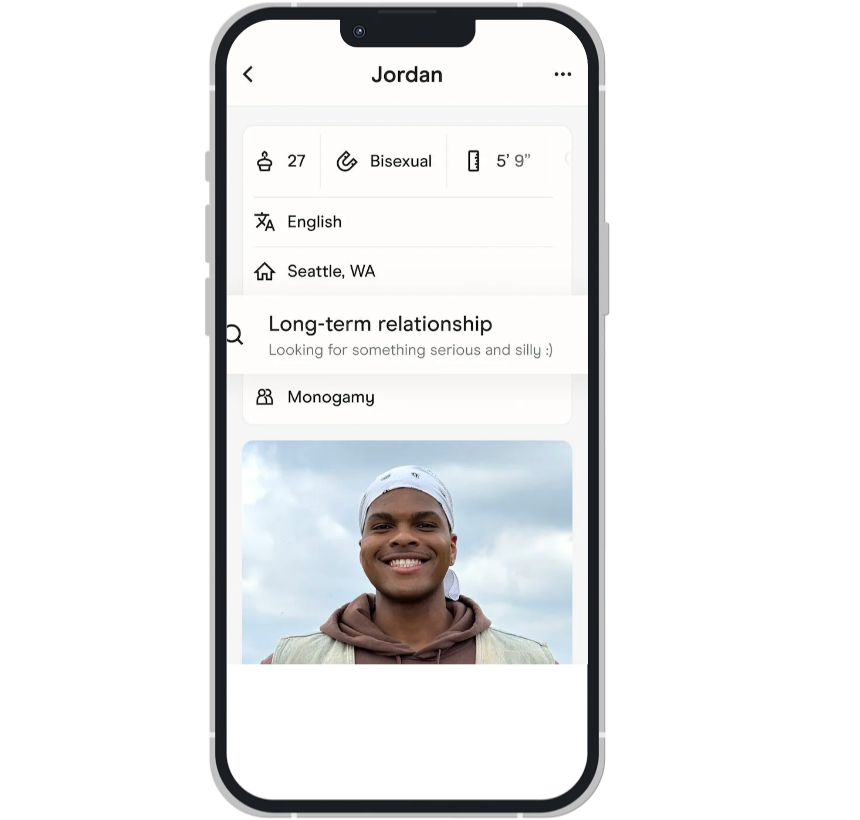 Photo of the Hinge app's UI.