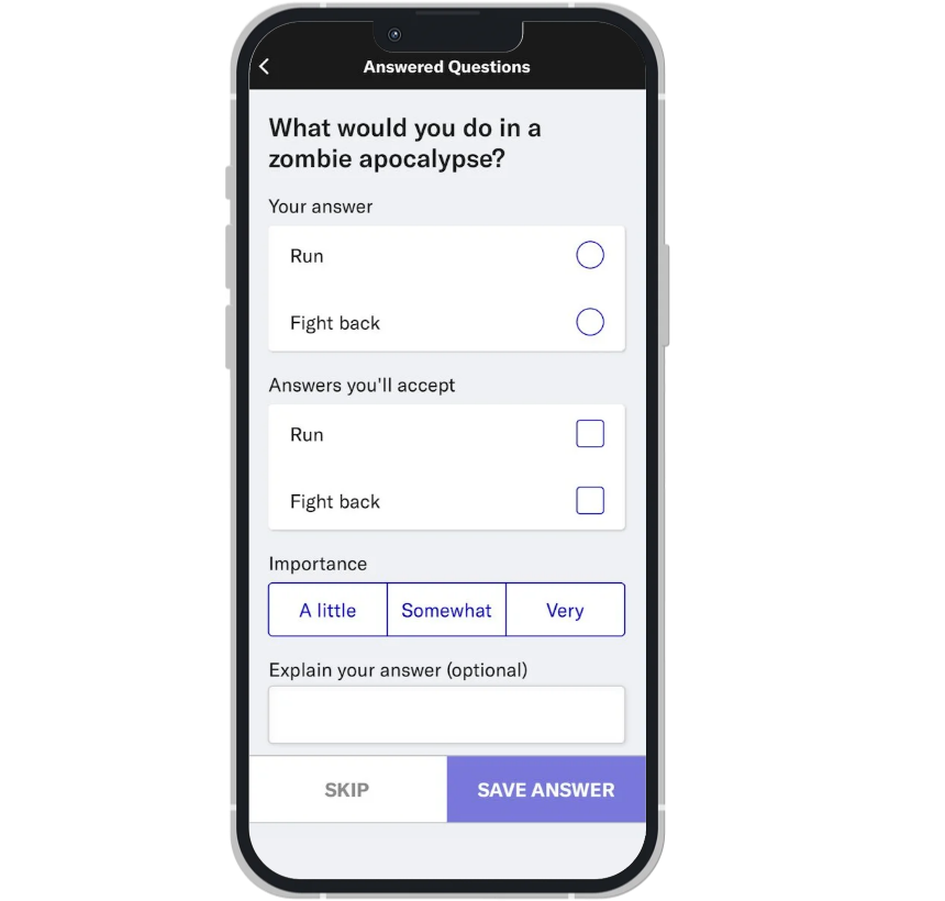 Photo of the OkCupid app's UI for detailed questions.