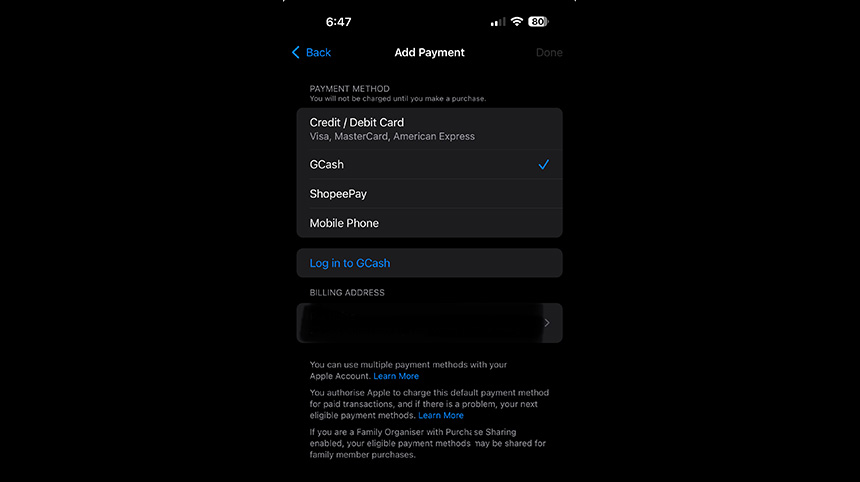 Screenshot of Apple Account using GCash as the mode of payment.