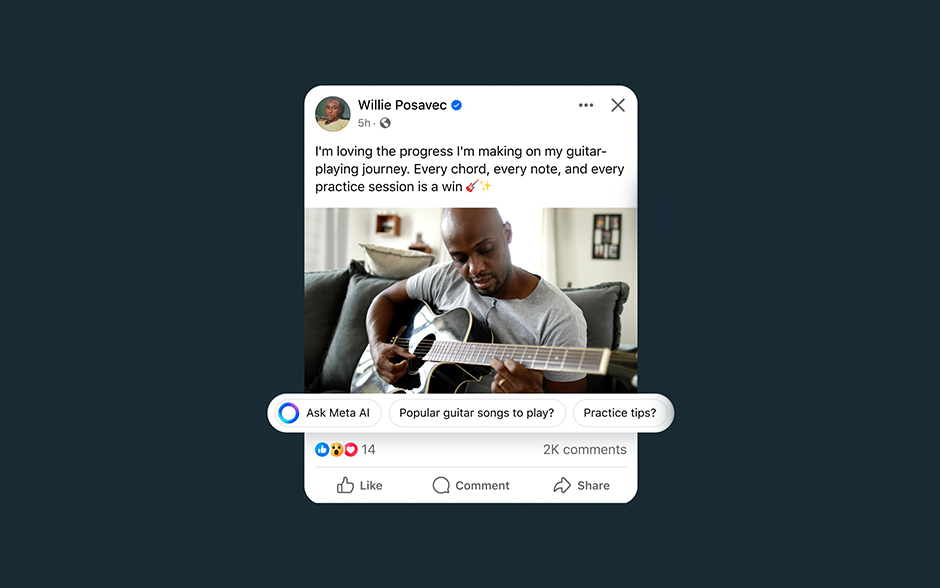 A Facebook post showing a man playing the guitar with "Ask Meta AI" options below the photo.