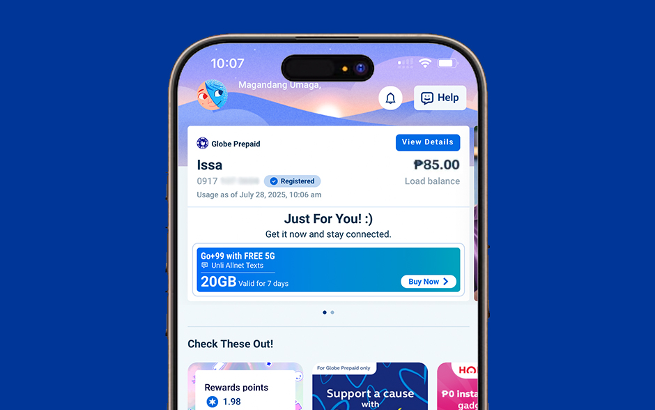 Photo of GlobeOne app UI.