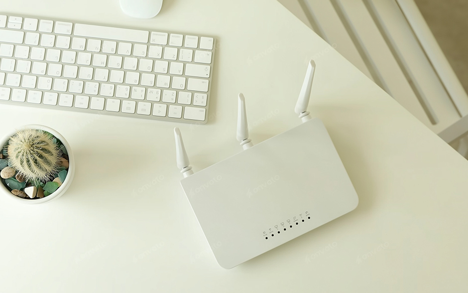 Product photo of a modem on a white table with an external keyboard and potted cactus beside it.