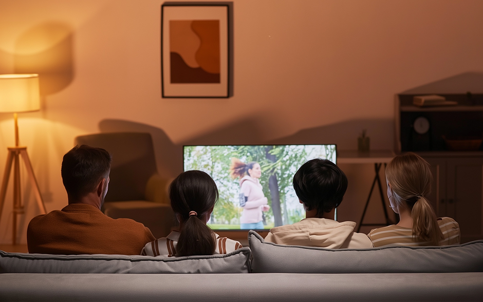 Back view of an Asian family watching TV in their living room at home.
