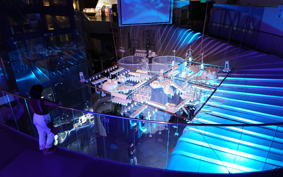 The Mind Museumâs International Oceans Station exhibit viewed from above.