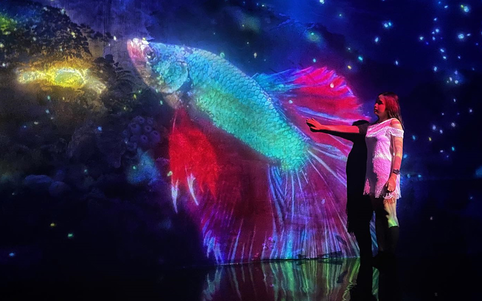 Young Asian woman posing in Art in Islandâs Underwater Zone.