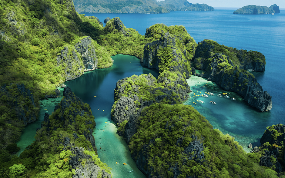 Aerial view of El Nido's limestone rocks and clear azure waters.