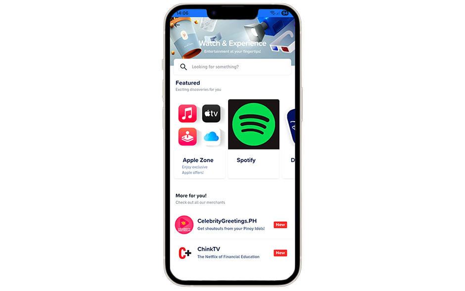 Screenshot of GLife's "Watch & Experience" UI in the GCash app.