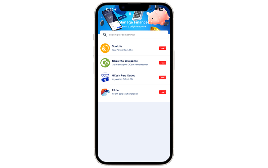 Screenshot of GLife's "Manage Finances" UI in the GCash app.