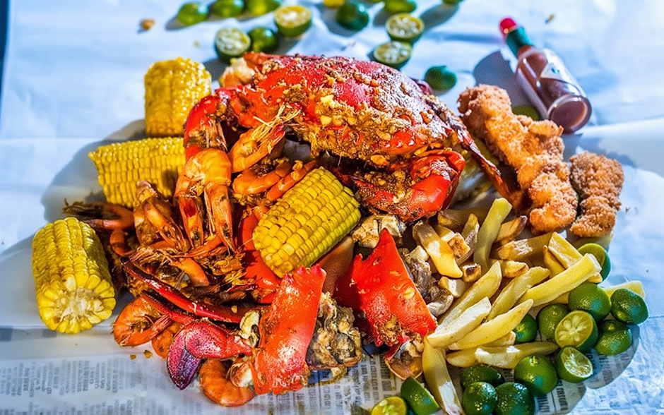 Blue Posts Boiling Crab and Shrimps dish of boiled crabs and corn, and fries with hot sauce.