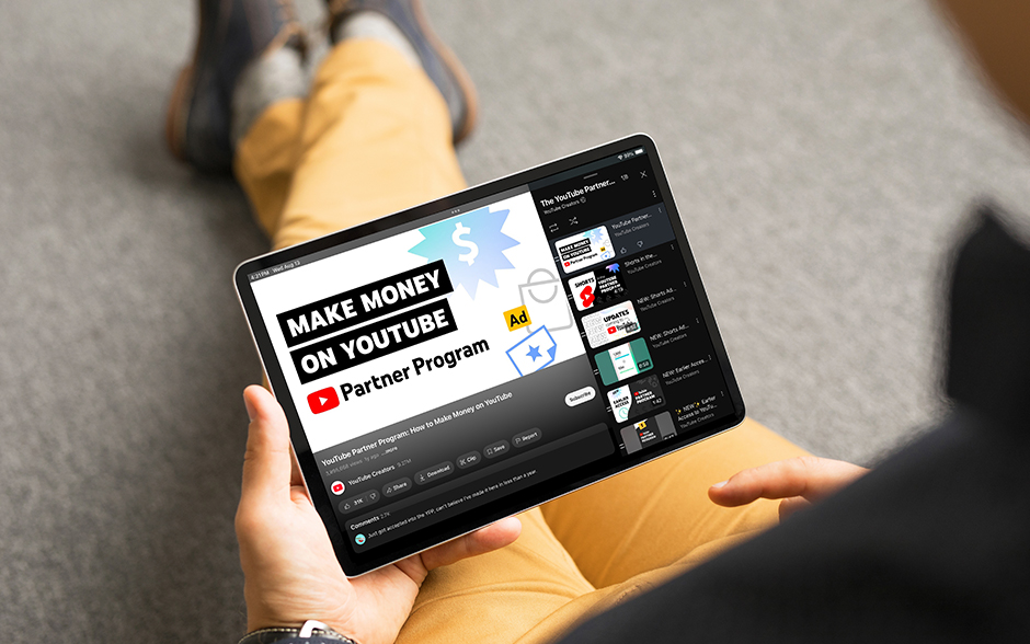 Photo of hands holding a tablet showing videos online.