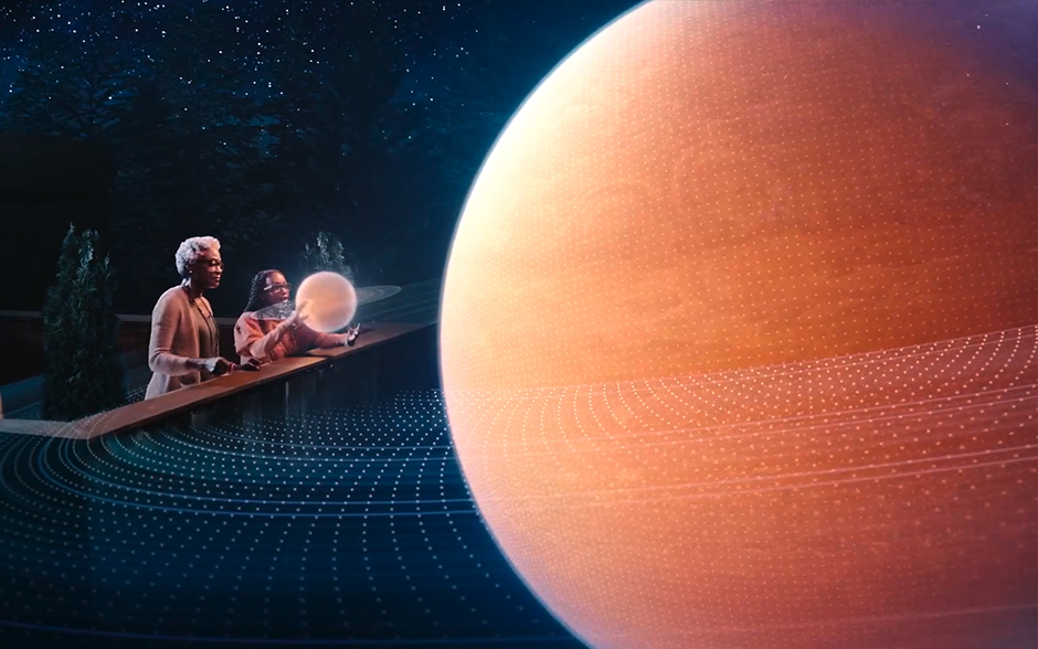 An African-American grandmother and her granddaughter engaging in educational learning in the Metaverse.