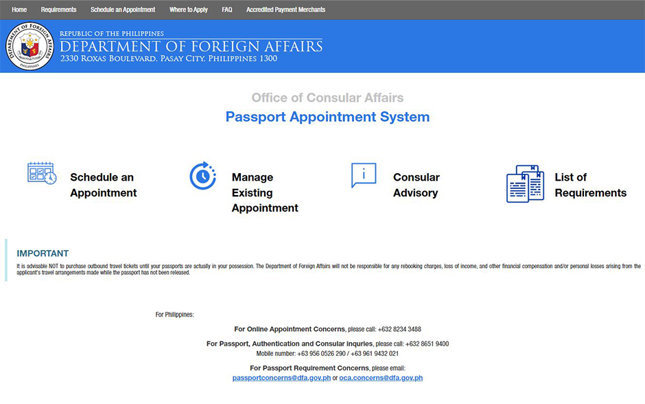 DFA Philippine passport application appointment homepage.