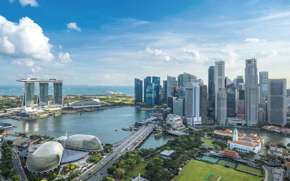 Aerial view of Esplanade and Marina Bay Sands.