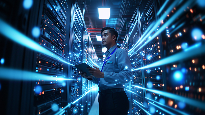 An IT professional holding a tablet while checking servers.