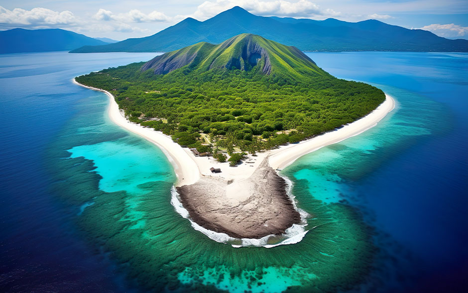 Aerial shot of a white sandbar with forests and mountains.
