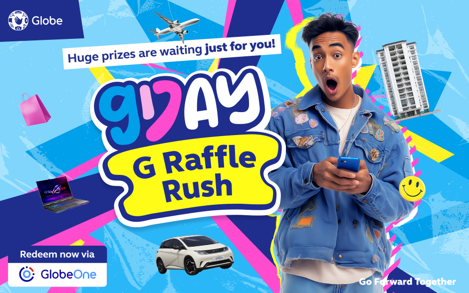 A promotional poster for Globeâs G Raffle Rush featuring a surprised young man holding a phone, with prizes like a car, laptop, plane, and condominium in the background.
