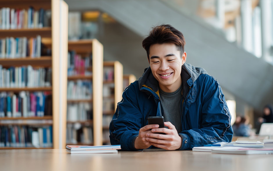 Student using his mobile device to study online.