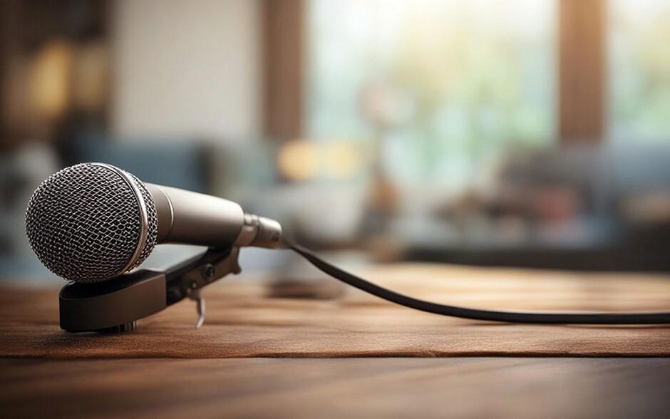 Microphone on desk for children to practice their public speaking skills at summer camp.