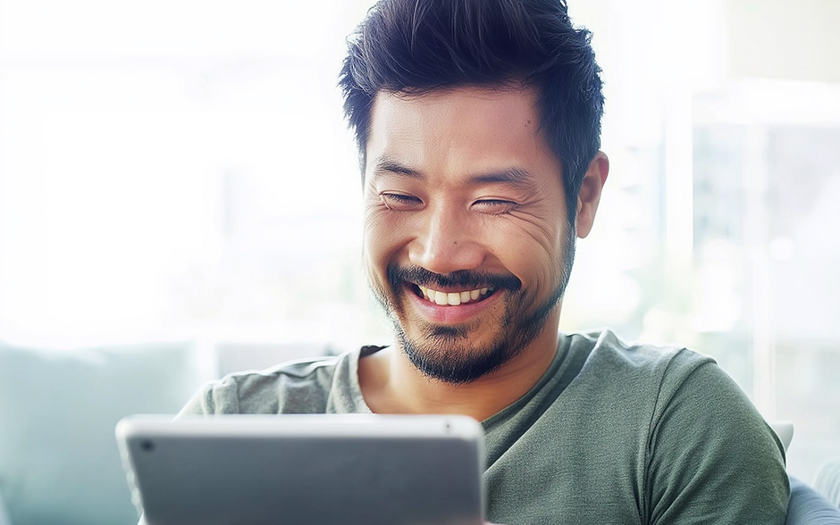 Asian man sitting on couch smiling and enjoying the ease of SSS online registration.
