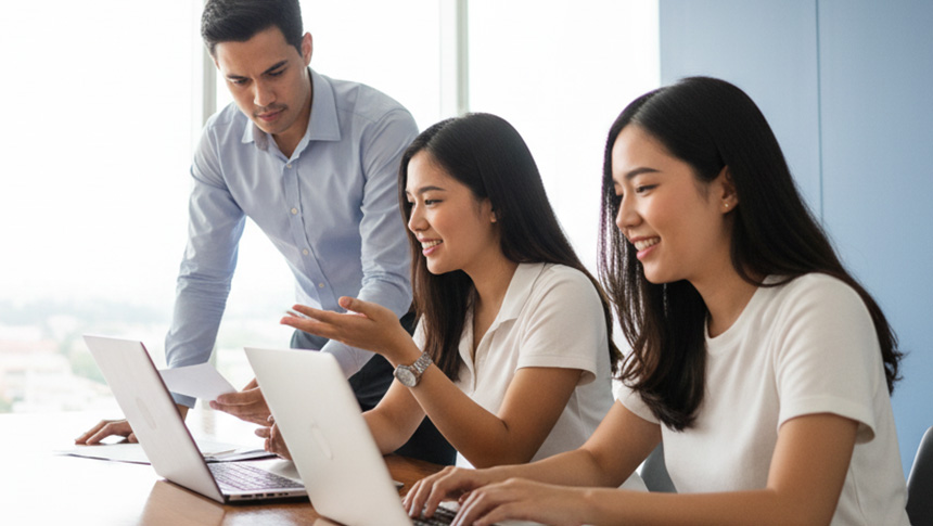 Three smiling professionals are discussing at the office while using laptops.