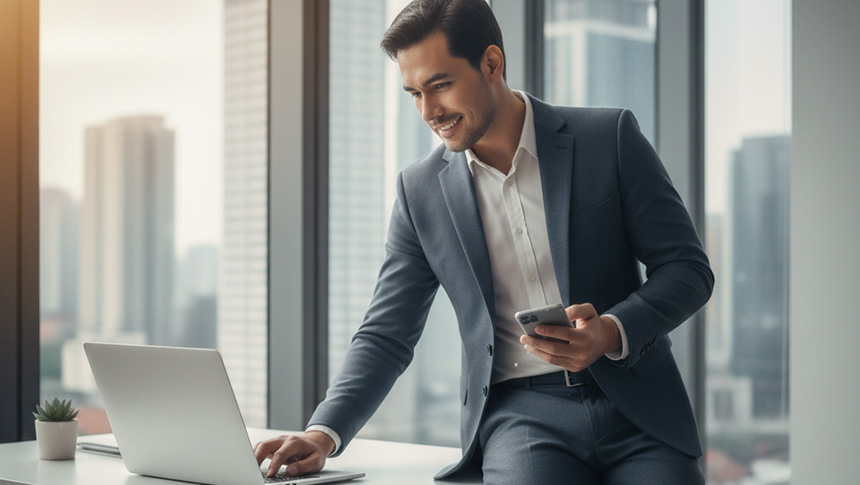 A male professional is checking his laptop while at the office.