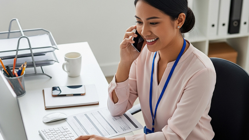 A female professional on a call with her client while at her office.