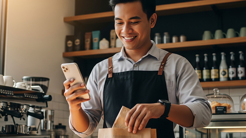 A male barista checking his phone while working at a cafe.