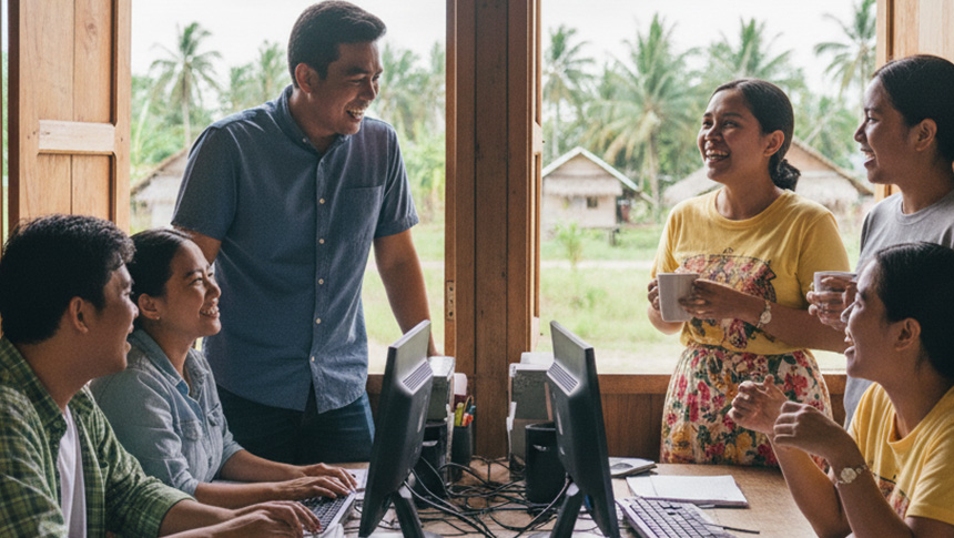 A group of coworkers smiling and talking inside a rural office setting.