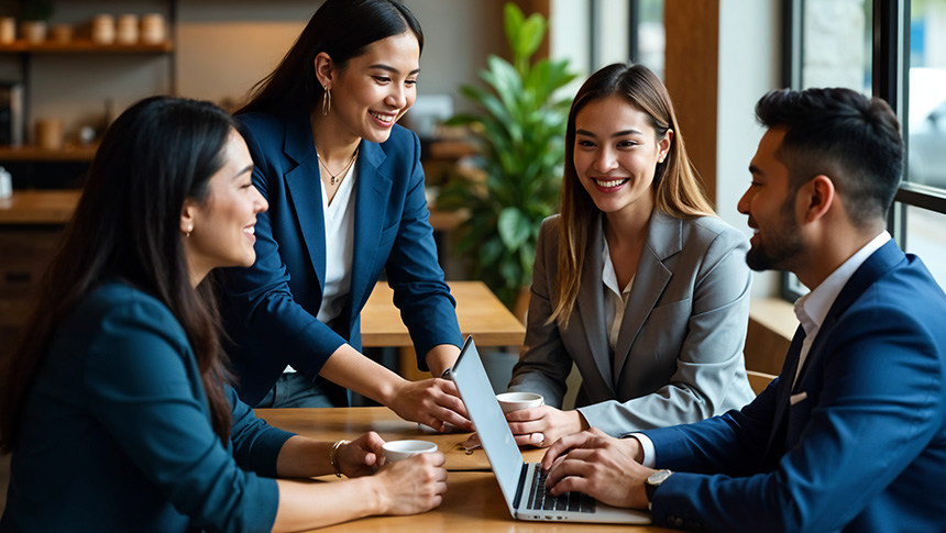 Four professionals discussing in a coffee shop.