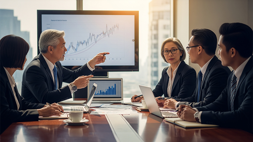 A composite image of a professional man overlooking a city and a team having a discussion in an office meeting.