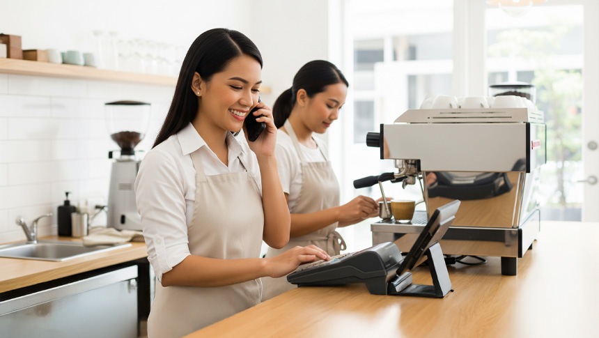 Two female cafe employees working in a coffee shop, handling customer service and coffee preparation.