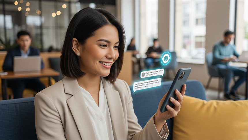 A smiling woman using a smartphone with an AI chatbot interface visible on screen.